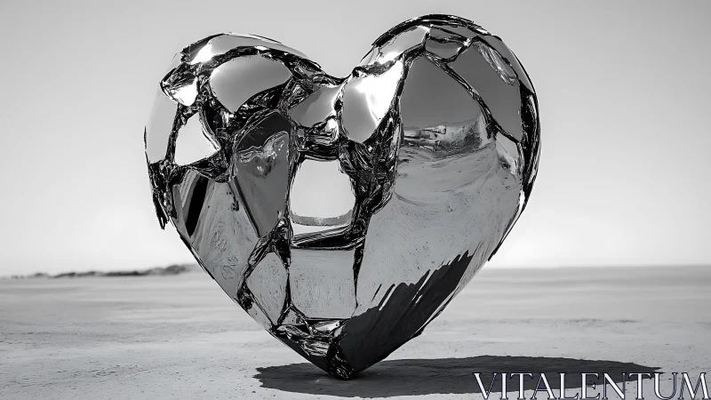 Fractured Glass Heart Sculpture: Monochromatic Reflective Geometric Form