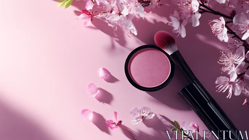 Pink powder blush and brush lie among cherry blossoms