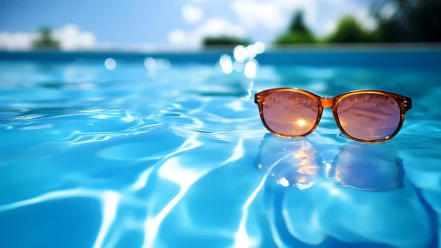 Brown sunglasses floating on bright blue swimming pool.