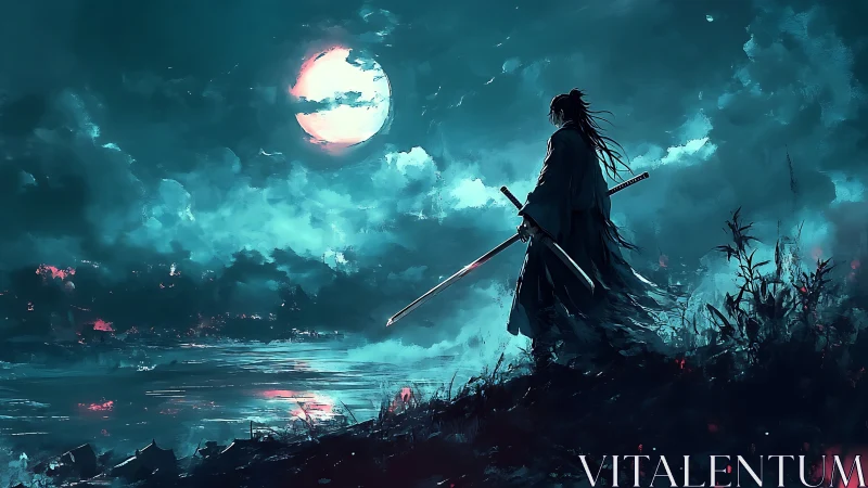 Lone samurai studies moonlit shore under storm clouds