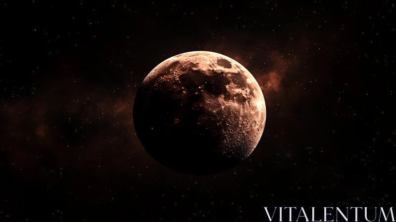 Red-illuminated cratered moon drifts through star-filled void