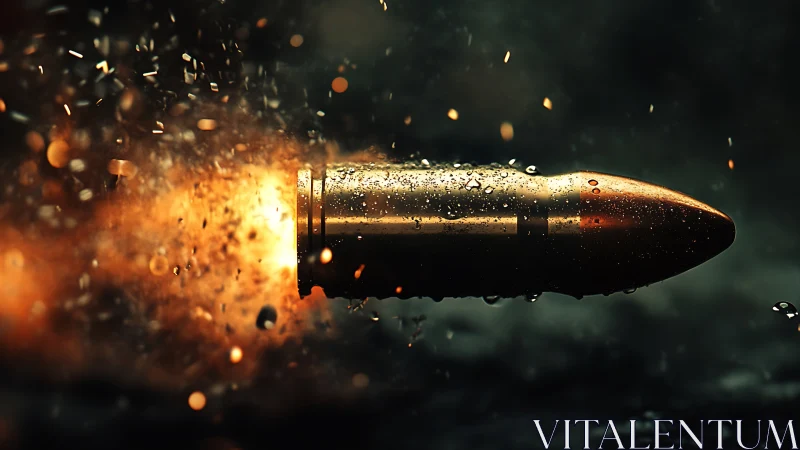 High-speed metallic bullet in flight with ejecta particles.