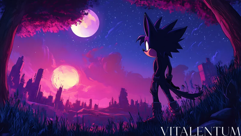 Anthropomorphic figure observing dual moons over ruins.