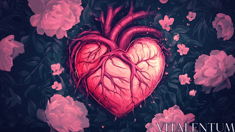 Anatomical Heart Illustration with Floral Background