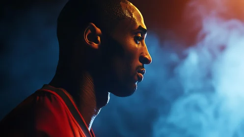 Locked-in athlete silhouette against smoky neon twilight.