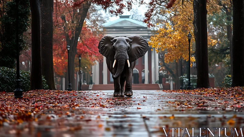 Elephant on wet campus walkway with autumn foliage and hall.
