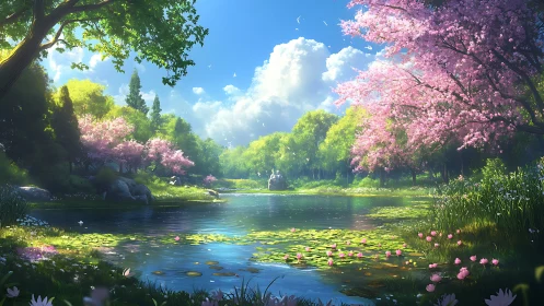 Chromatic spring lake under volumetric daylight rendering.