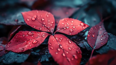 Macro study of red wet leaves with raindrops and teal bokeh.