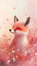 Serene fox portrait in pastel floral meadow illustration.