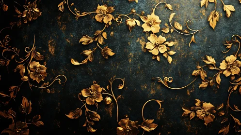 Ornate gold floral relief on distressed teal textured ground.