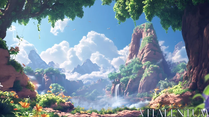 Sunlit valley with misty waterfalls and towering red cliffs.