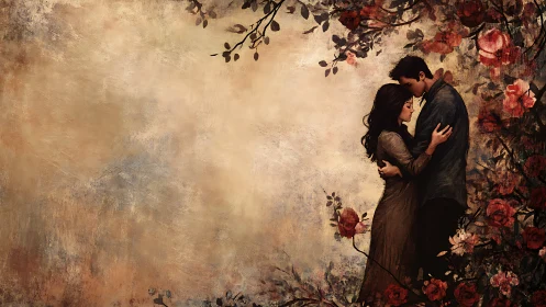 Romantic Couple Embracing Among Vintage Floral Garden.
