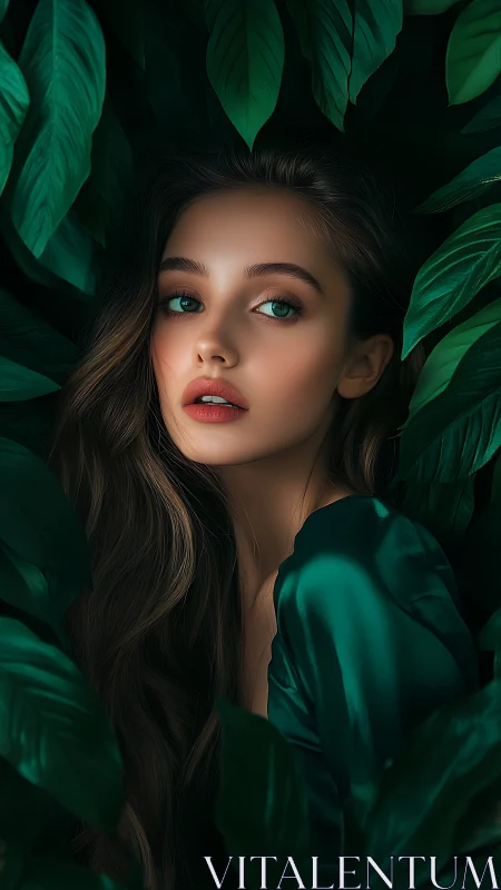 Digital portrait of woman framed by lush emerald foliage.