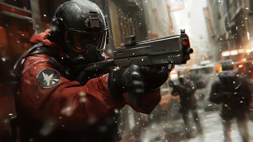 Urban tactical operative aiming rifle in snowfall barrage.