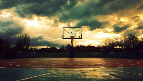 Outdoor basketball court under dense clouds at sunset sky.