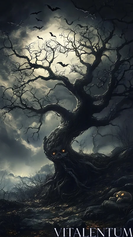 Haunted twisted tree with glowing eyes under full moon.