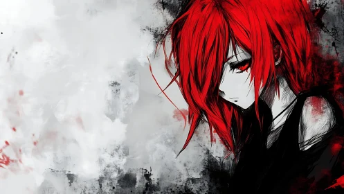 Red haired anime girl looks down against grunge backdrop