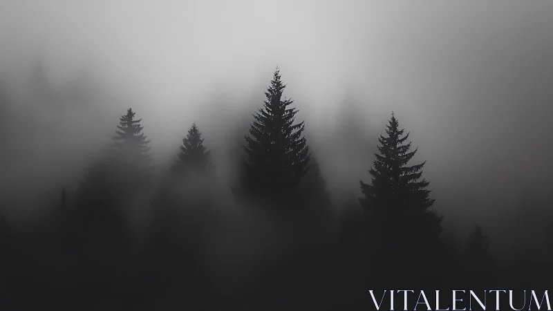Coniferous Forest Silhouettes in Dense Fog.