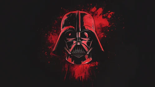 Dark helmet portrait glows against red splatter field