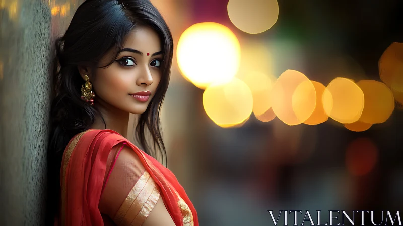 Woman in red sari stands by wall under warm city bokeh