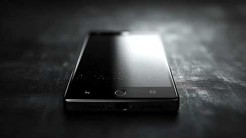 Modern black smartphone on reflective textured surface.