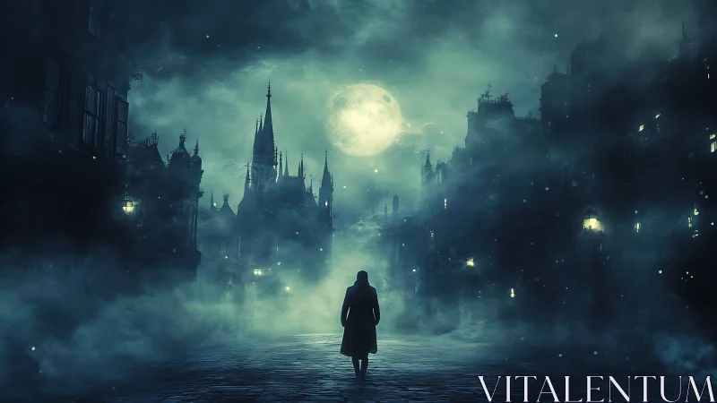 Silhouetted figure crosses fog-dense gothic street under oversized moon