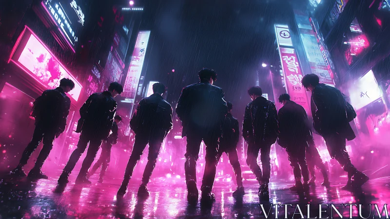 Silhouetted group stands in neon lit urban street at night