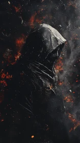Hooded silhouette dissolves into ember-lit abstract darkness