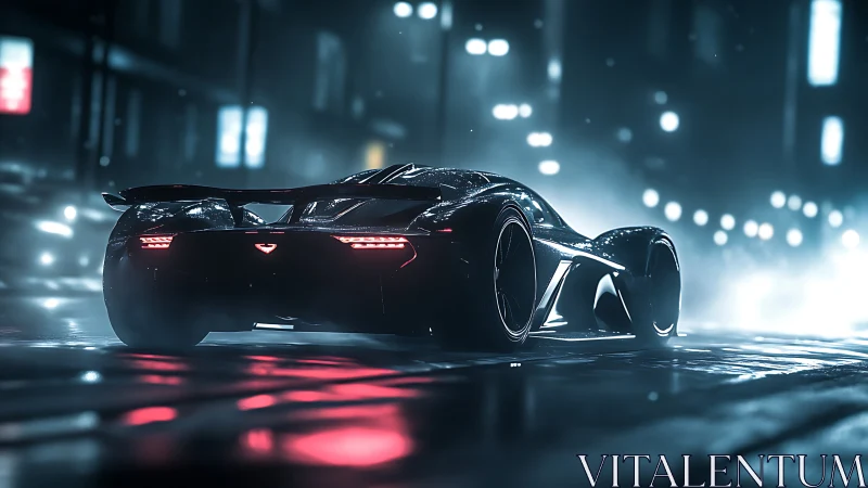 Midnight supercar gliding through neon city streets softly.