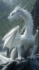 Photorealistic white dragon portrait with alpine cinematic lighting.