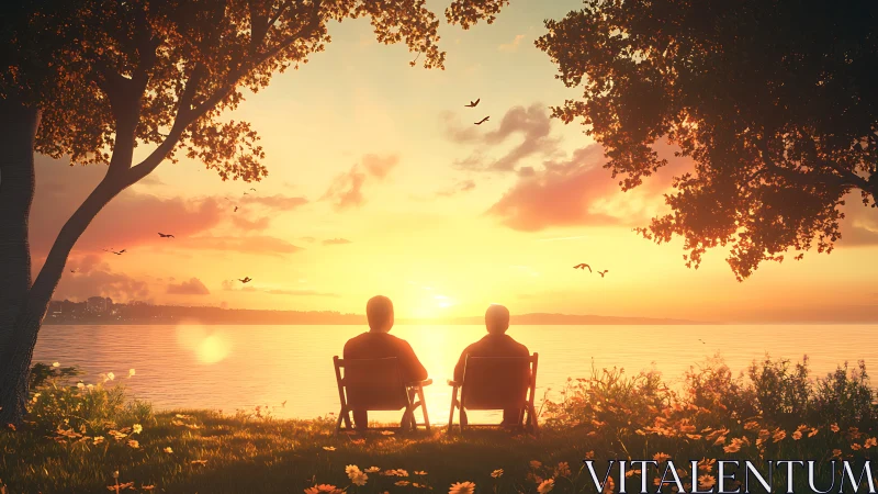 Two seated figures observing sunset over calm lakeside horizon.