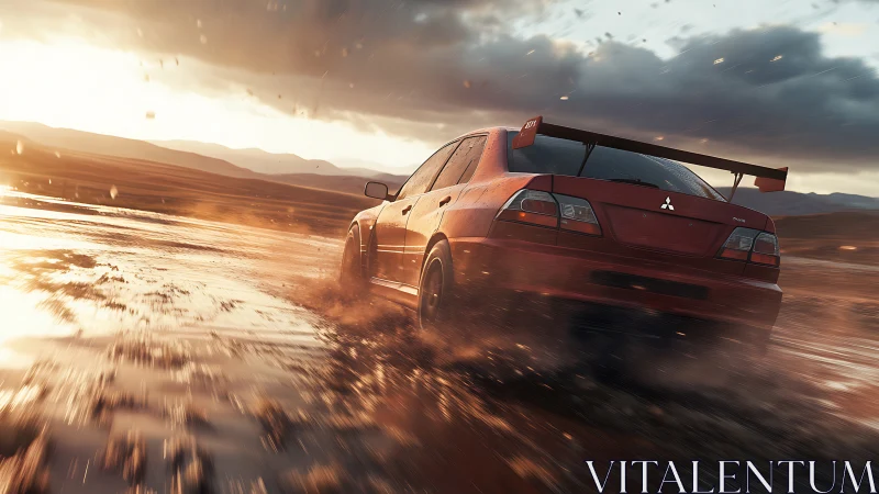 Red rally car racing through glowing sunset mud and spray.