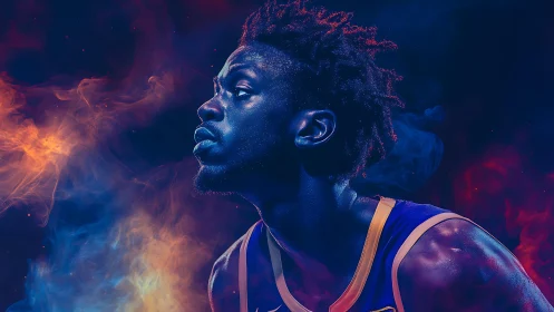 Basketball player profile in blue and orange vapor backdrop.