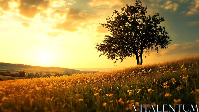 Solitary tree stands on inclined meadow under low sun