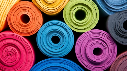 Spiraled yoga mats whirl into a neon galaxy of soft circles