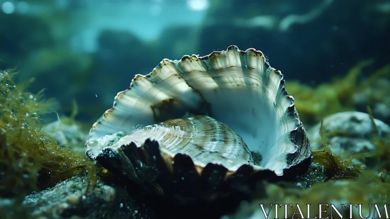 Glimmering seashell opens quietly on a peaceful seafloor