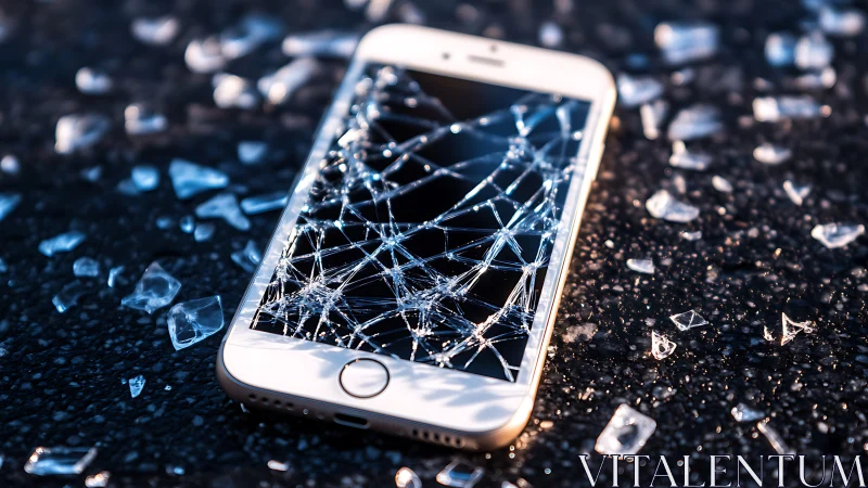 Smartphone lies on asphalt surface with severely cracked screen