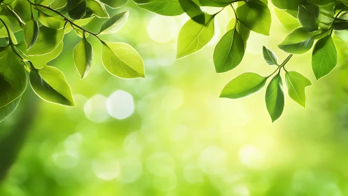 Green leaves canopy over soft bokeh forest background.