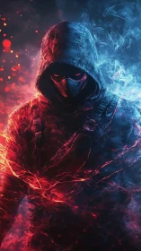 Cyberpunk hooded specter in bifurcated fire and ice field.