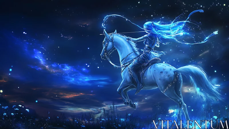 Celestial rider guides a glowing horse through starry night.