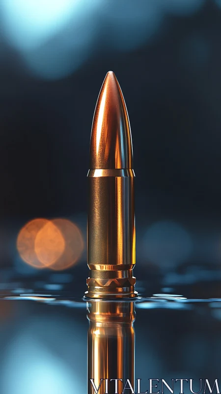 Single brass bullet standing in reflective liquid surface.