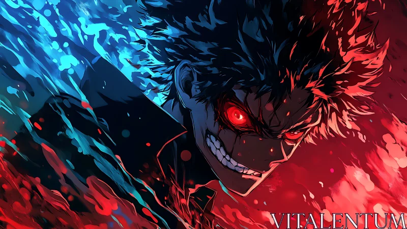 Dual-color anime character portrait with intense lighting.