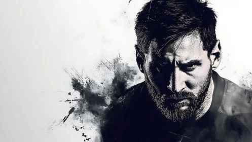 Monochrome digital portrait of male figure with ink effects.