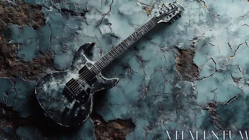 Weathered electric guitar leans against cracked teal wall