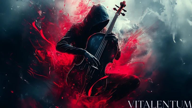 Hooded figure holds cello amid red abstract digital elements