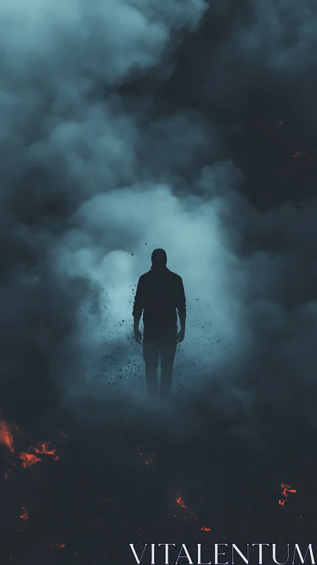 Silhouetted person stands in dense blue smoke above embers