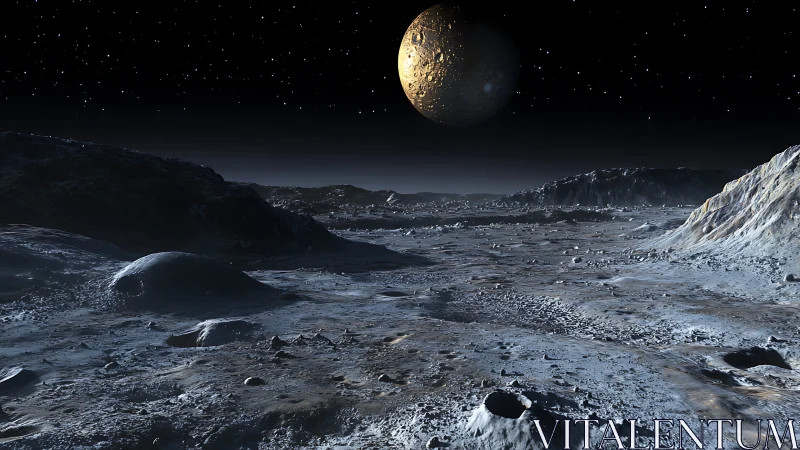 Rocky cratered moon landscape under distant planet light.