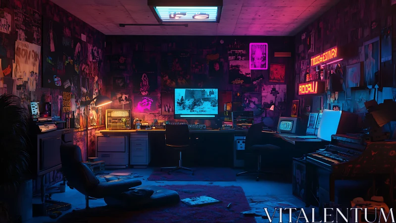 Retro cyberpunk hacker studio under neon magenta-blue glow.