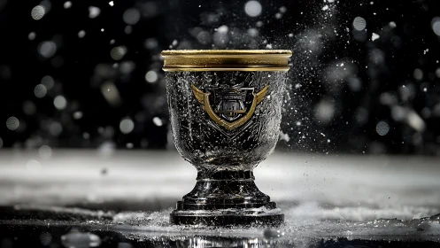 High-contrast studio photograph isolates ornate silver trophy