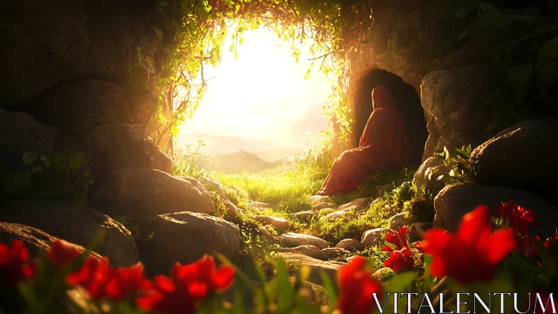 Luminous cave sanctuary with robed figure at sunrise glow.